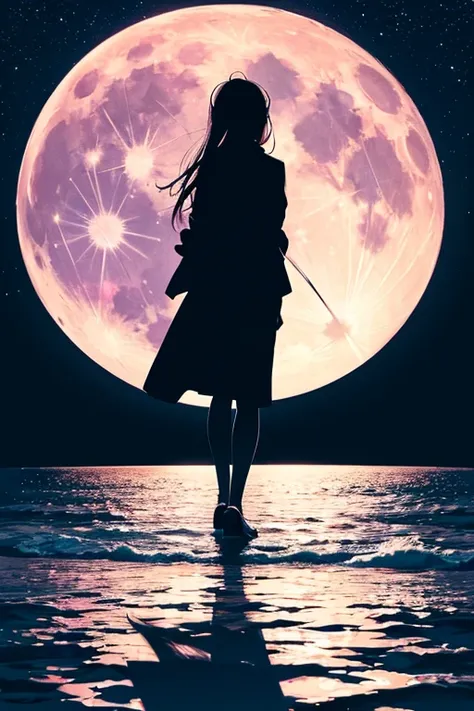 Best Quality,Big moon and shadow,A silhouette of a person can be seen against the backdrop of a large moon.,There is one full moon,There is a mood,Beautiful scenery,Starry Sky