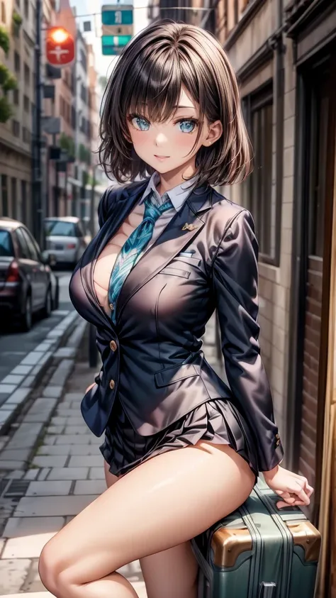 Asian woman wearing a skirt and high heels leaning on a suitcase,A 20-year-old woman wearing a skirt suit, she世界で最も美しい女優である., Her detailed face, The perfect balance of her body, she上半身にシャツを着て、Wearing a fitted blazer and skirt suit。., Perfect shape of cover...