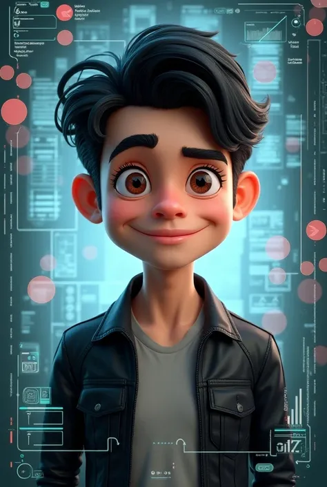 4D digital caricature of a man who looks like Ariel Peterpan with a friendly smile and black hair, styled with a modern and clean look. Men should wear a dark leather jacket over a light colored shirt, exuding a charismatic and approachable aura. Surround ...