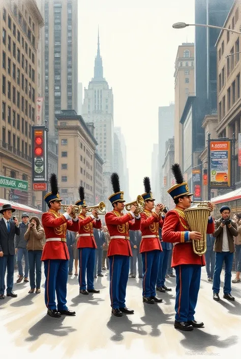 a realistic drawing of a fanfare playing on the street