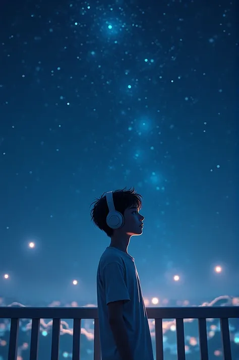 Under the starry sky, a young boy stands on a balcony, his headphones snugly in place. The soft glow of the stars twinkles above him, creating a serene backdrop. He gazes out, lost in thought, as a romantic melody flows through his ears, evoking dreams of ...