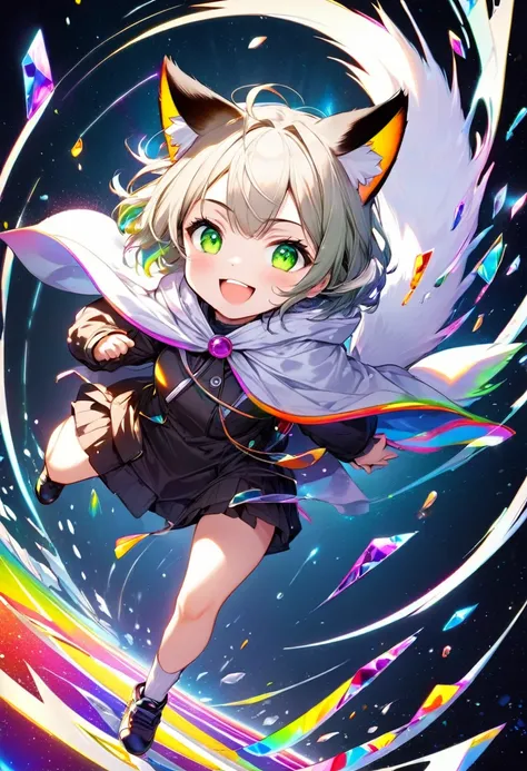 conceptual installation art with bright and colorful random colors, chibi, cute cat-girl beast, with brown fur, mellow eyebrows, cat ears, a tail, and wearing a white mercenary cloak, smiling jumping running, various effects, BREAK background neon-colored ...