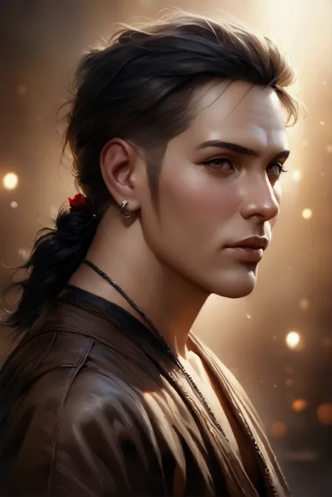 a young man with a lean but muscular, inverted-triangular-shaped body and slightly slimmed waist, broad shoulders, fair skin, black hair with an undercut and curtain bangs, some strands dyed red, snug, helix and lobe piercing on his left ear and low helix ...