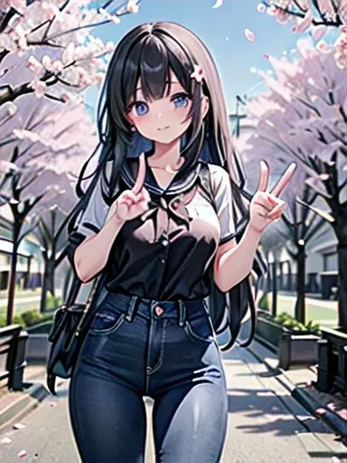 A 28-year-old female teacher 、 wears white peplums and black skinny denim 、 signs a peace sign in front of a brick school building and cherry blossom trees reminiscent of Tokyo Station,Large Breasts、 black long hair、