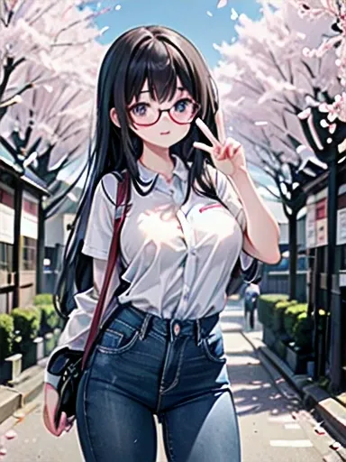 A 28-year-old female teacher 、 wears white peplums and black skinny denim 、 signs a peace sign in front of a brick school building and cherry blossom trees reminiscent of Tokyo Station,Large Breasts、 black long hair、