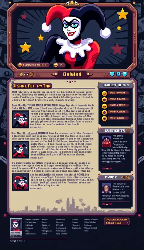 The webpage is a collage of pixelated graphics and text, reminiscent of early 90s video games, and inspired by the distinct art style from "Batman: The Animated Series" created by Bruce Timm. A large banner at the top features a pixel-perfect image of Harley Quinn in her iconic black and red jester outfit, capturing her expressive face and mischievous grin in a pixel art format.

Elements such as animated GIFs, scrolling marquees, and flashing text are used in a pixelated style, creating an energetic atmosphere true to Harley Quinn's character. The main content area is divided into sections using HTML tables, featuring text in easy-to-read pixel fonts with contrasting hyperlinks.

The menu options, including "About Me", "My Fanfiction", and "Guestbook", are presented using chunky pixelated buttons reminiscent of retro video game menus. Subtle references to iconic Gotham City locations and objects from the series fill the margins in pixel art form.

Throughout the page, pixelated versions of Harley Quinn's image appear in various poses inspired by scenes from the show, paying homage to the character design by Bruce Timm and the performance by Arleen Sorkin. Quotes and proclamations, such as "Welcome to my Harley Quinn shrine!" and "Check out my Joker/Harley fanart!" are written in pixelated comic book-style speech bubbles, further reinforcing the connection to the animated series. The overall impression is one of a lovingly crafted, retro-inspired fan project that remains true to the source material.