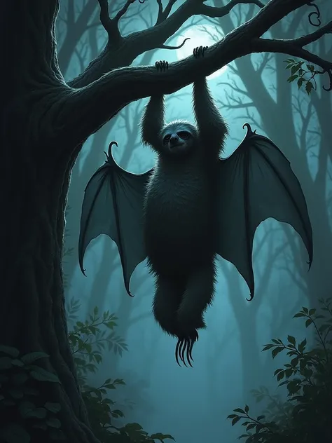 IMG_3741.CR2: Create a gothic art illustration of a creature called Preguiçobat, a hybrid between a ((sloth)) and a bat. This unique being has the body of a sloth, complete with long, curved claws and a soft, furry exterior, while featuring large, membrano...