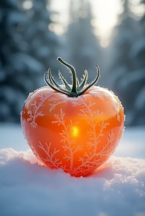 A translucent amber heart-shaped tomato fruit covered with a frosty pattern against the background of a snowy forest