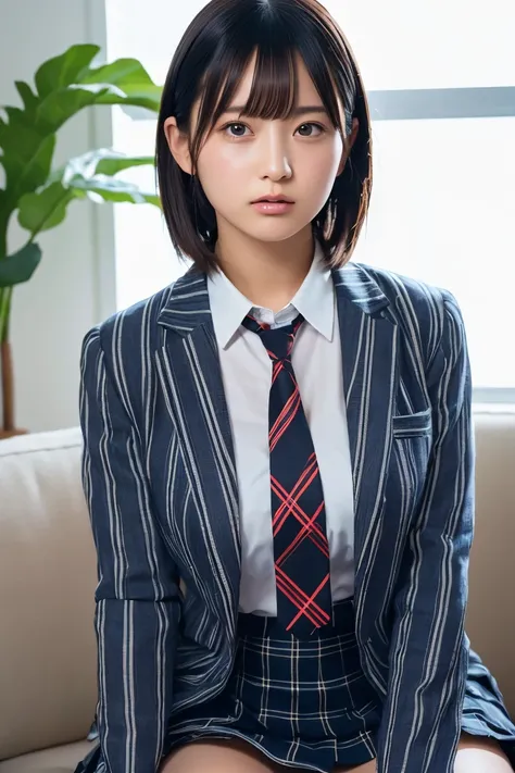 (8k, RAW Photos,Best Quality,  High Resolution :1.1), (超Realisticな:1.4),(Realistic, Realistic:1.3),Japanese beauty 1 girl, Alone, necktie, spread legs, skirt, sitting, school uniform, looking at viewer, plaid, presenting, brown eyes, jacket, socks, striped...