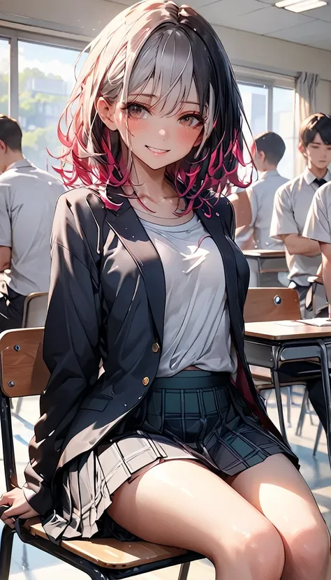 One beautiful girl、Captivating smile、(黒色と桃色のmulticolor hair、)、 medium hair with bra off、 Detailed Brown Eyes 、Captivating thighs、clavicle、Be proud、uniform、A worn out shirt、Black jacket、skirt、classroom、Sit on a chair、Gal、(Best Quality:1.4), (masterpiece:1.4...