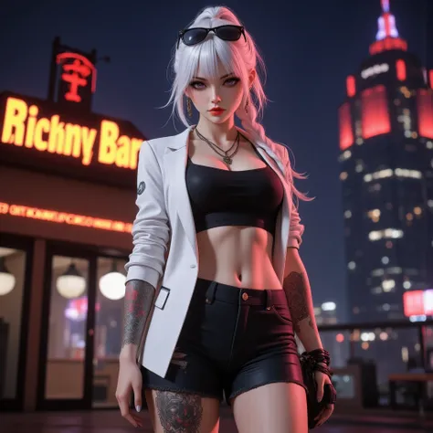 3D realistic, Full body figure, sharp face, 1 mafia woman Standing on the rooftop of a building, at night, beautiful,  very amazing detail , Perfect type, The most charming idol, Stunning face, Beauty beyond the world,  Pure White Hair, Ring braid, Brown e...