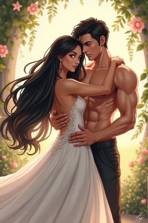 A black-haired, light-eyed bride and a black-haired groom, athletic, tanned body holding her by the arm 