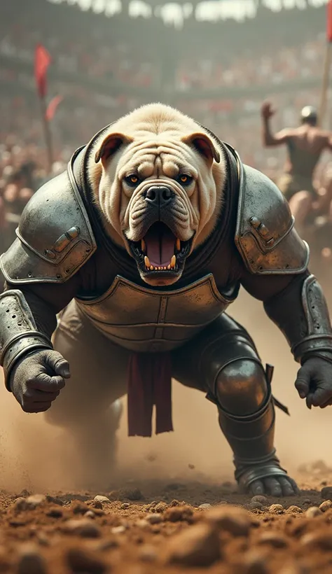 a stocky bulldog in gleaming silver armor, slamming into a rival, dust soaring, roaring crowd in the background, cinematic 8k detail, size 9:16, highly detailed, hyper realistic, masterpiece, epic fantasy, dramatic lighting, dynamic composition, action sce...