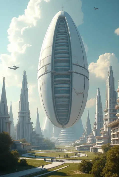 a floating colossal futuristic sci-fi city, the majestic space capital of the galactic empire VesSoul, elegant complex architecture, advanced technology, the city-forming part located in the center is a monumental structure resembling an egg vertically div...