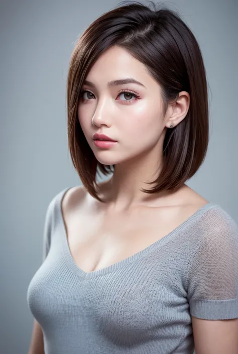 ((Extremely realistic)), ( super real), generate a highly realistic image, white backdrop,Soft studio lighting,15-year-old female,毛先ピンク色のshort bob brown hair,  straight hair, Im hiding my forehead with bangs,blue eyes,Long False Eyelashes、Lipstick advertis...