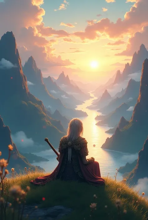 Create a high-quality, 4K anime-style scene featuring a fantasy adventure warrior sitting on a grassy hill at high altitude, gazing out at a breathtaking nature landscape. The warrior is dressed in intricate armor, with a sword by their side. The environme...