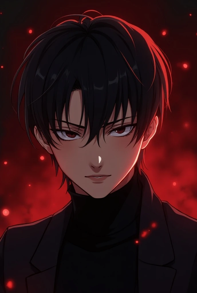 Handsome anime boy with straight hair and attractive eyes black and red background 