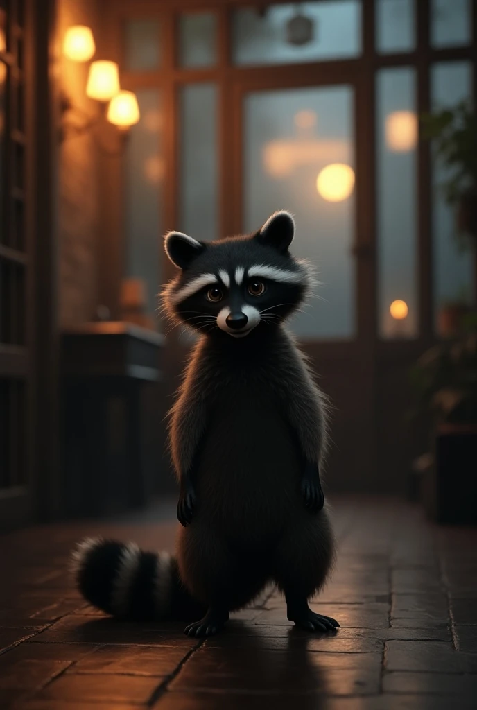 A raccoon standing at dusk, in the cinema