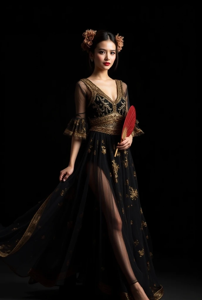 Close up of The model is wearing an elegant gown with rich traditional details, dominated by void black and gold hues, evoking a sense of luxury and grace. The upper part of the dress is crafted from transparent lace adorned with intricate embroidery and s...