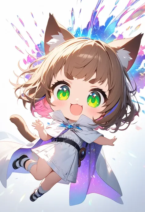 conceptual installation art with bright and colorful random colors, chibi, cute cat-girl beast, with brown fur, mellow eyebrows, cat ears, a tail, and wearing a white mercenary cloak, smiling jumping running, various effects, BREAK background neon-colored ...