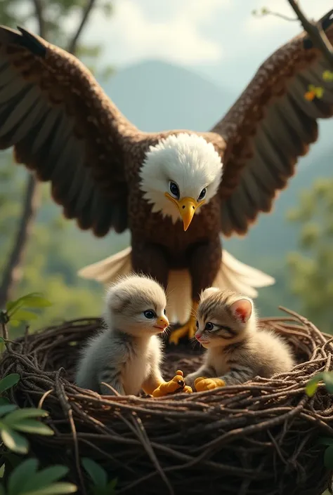 eagle babies and kitten playing in eagle nest while a huge eagle is protecting them