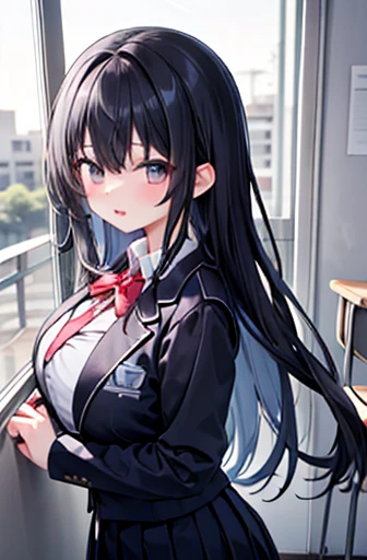 {masterpiece}, {Best Quality},One Girl,School_uniform,Big Breasts、Long black hair,Large Breasts、