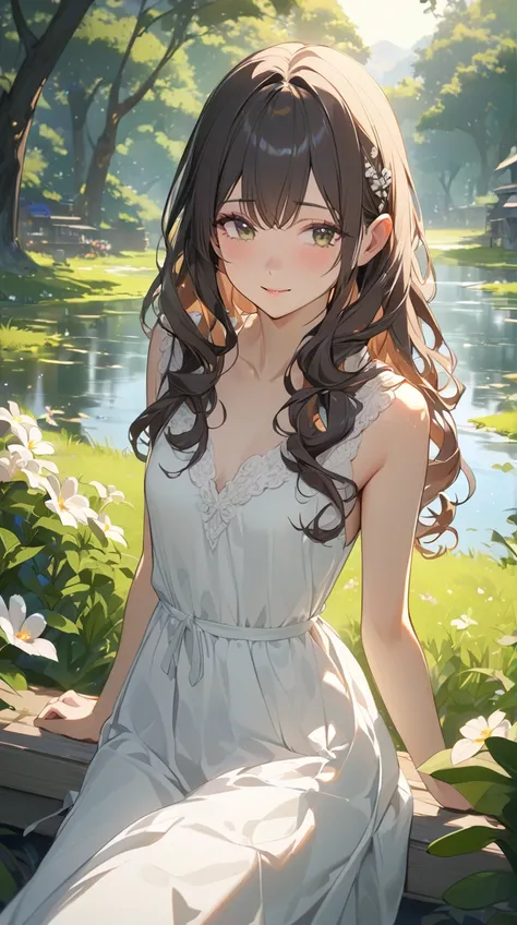 One Girl、 gentle expression、Soft Eyes、 long curly hair 、 Natural dress 、 Relaxed posture 、 Enjoying the surrounding greenery、Small breasts、  
   break、  
   Bright morning light、(Soft Light:1.2)、Warm shades、Gentle Shadows、Peaceful atmosphere、  
   break、  ...