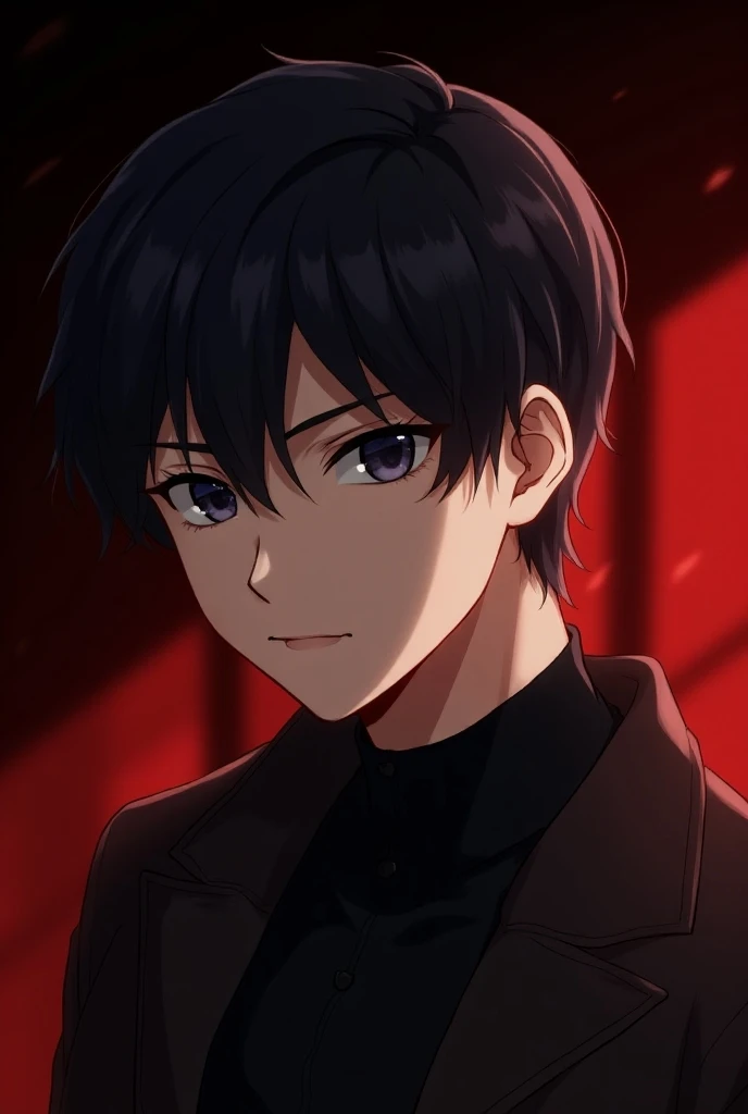 Handsome anime boy with straight hair and attractive eyes black and red background the boy who looks cool and chubby cheeks with jaw line and looking attractive and also young and handsome 