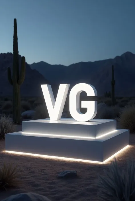 LUMINOUS LABEL LETTERS IN WHITE:
"VG "  DISPLAY CASES and below another smaller label with:    
" GOMEZ "
 IN AN AMERICAN DESERT WITH CACTUS AND ROCKY MOUNTAINS 