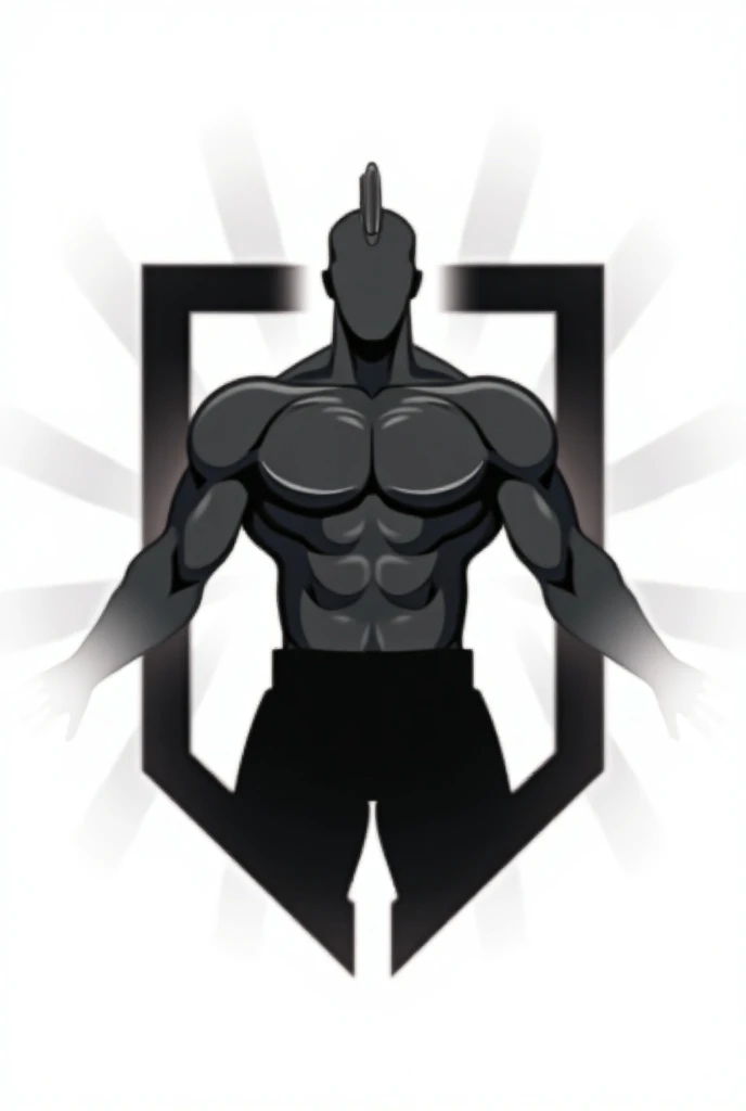 

"Design a stylized logo featuring a muscular human figure with outstretched arms, depicted in black and white. The figure should have strong geometric shapes emphasizing the chest and arms, with minimalistic pants in black. The head should be simple and ...