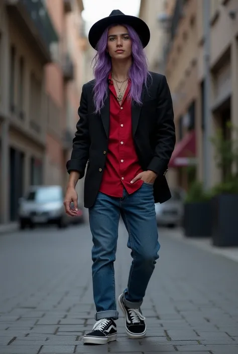 générer une photo pour Instagram en 8k influenceur avec des longs cheveux violet foncé yeux bleu en jean moulant noir chaussure vans avec  une chemise a carreaux rouge decolter  un bonnet noire 