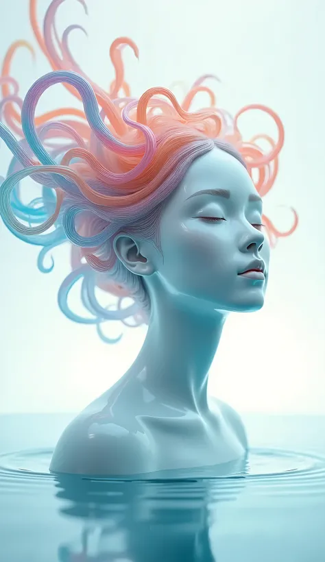 beautiful milky white glass bust、A cute and beautiful Japanese woman 、Colorful tubes are sweeping from my head like hair、It is placed on the surface of the water 、Light is diffusely reflected on the surface of the water 、White background