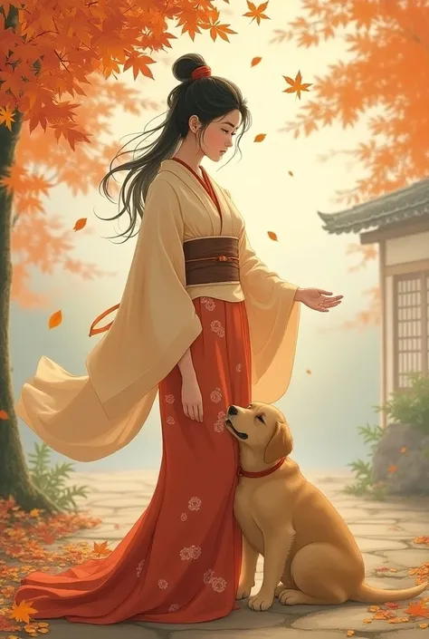 Taisho Romance　Girl spreading her hands　autumn leaves　 golden retriever puppy snuggling up　Howling Wind