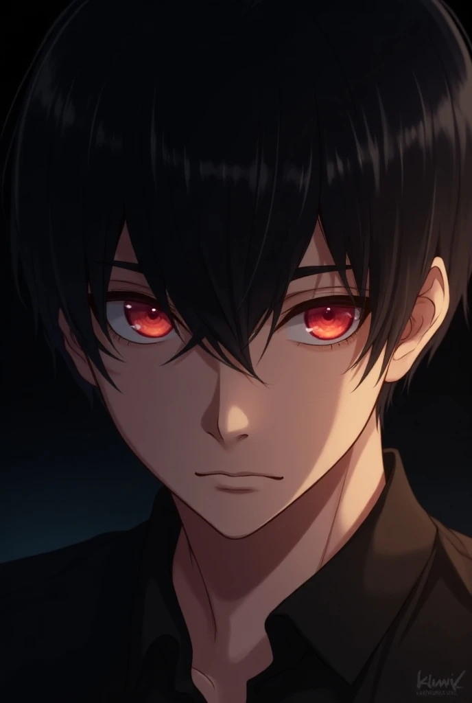 Handsome anime boy with straight hair and attractive eyes black and background the boy who looks cool  with jaw line and looking attractive and also young and handsome red eyes 