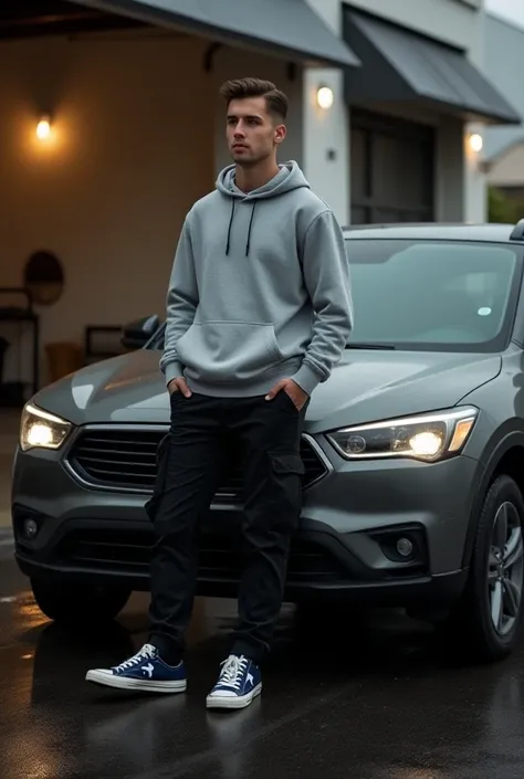 Tall young man with brown hair leaning against his late model car outside the garage Wearing black military style pants, gray hooded sweatshirt, classic Converse sLooks reflective Male Wet pavement