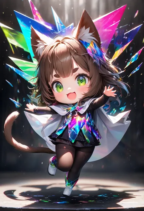 conceptual installation art with bright and colorful random colors, chibi, cute cat-girl beast, with brown fur, mellow eyebrows, cat ears, a tail, and wearing a white mercenary cloak, smiling jumping running, various effects, BREAK background neon-colored ...