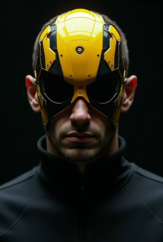  Covers the entire face , Man wearing an advanced technical mask in yellow and black on his face  