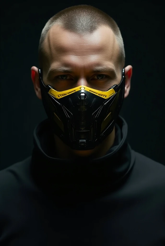  Covers the entire face , Man wearing an advanced technical mask in yellow and black on his face  