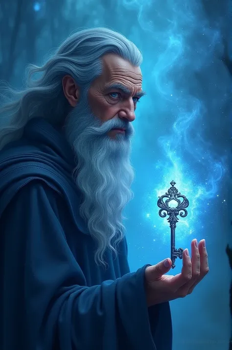 Make a wallpaper where have a wizard face whit a key and with a large background using blue colors