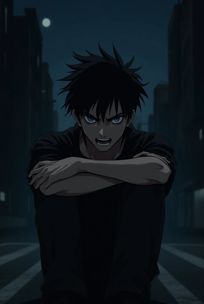 Handsome anime boy with black background sit in a lonely street night in anger big face with big attractive face