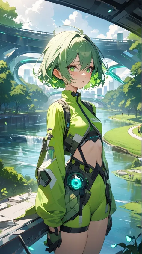 One Girl、 adventurous expression 、Sharp Eye、 short hair、 Futuristic Sustainable Outfits 、 Manipulate Renewable Energy Technology、Small breasts、 Confident Atmosphere 、  
   break、  
   Cloudy、(Dynamic Light:1.1)、 Strongly Contrasting Colors 、 Urgent Atmosph...