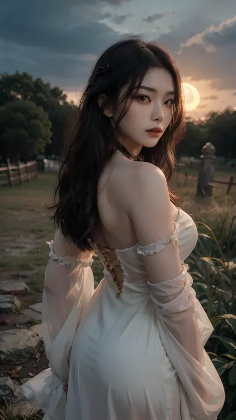 The Korean woman in this image is portrayed as an ethereal, vampiric figure, draped in a luxurious off-the-shoulder gown. The dress is an elegant ivory or cream color, with ruffled detailing along the neckline that adds a sense of classic, gothic romance. ...