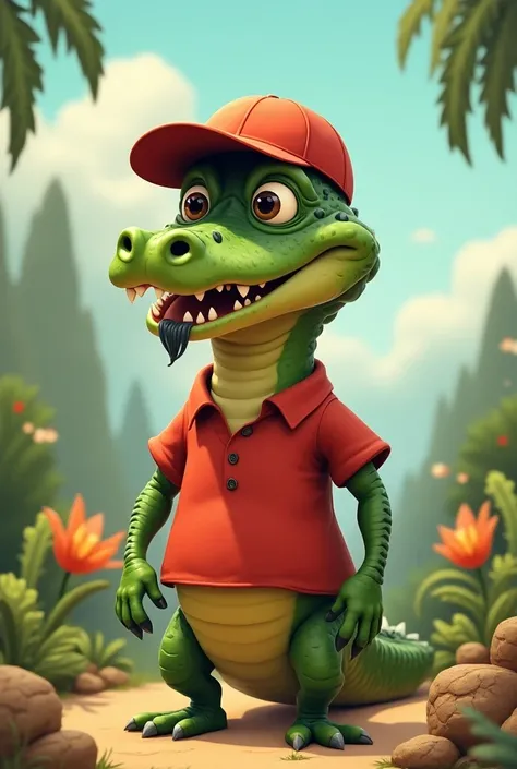 alligator, Humanoide, wearing a red cap, And red shirt, cartoon style, with a goatee.