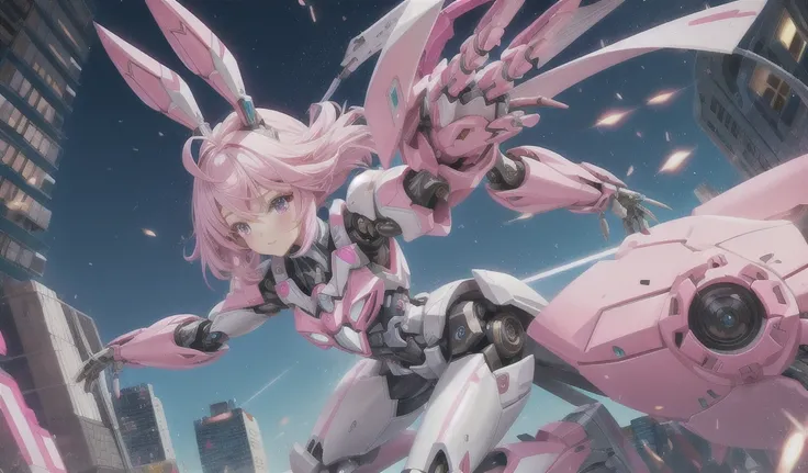   Powder Hair Female Robot，Rabbit ears，Chest，mechanical joint，Pink Armor，slim figure，thigh，City， High Resolution, 