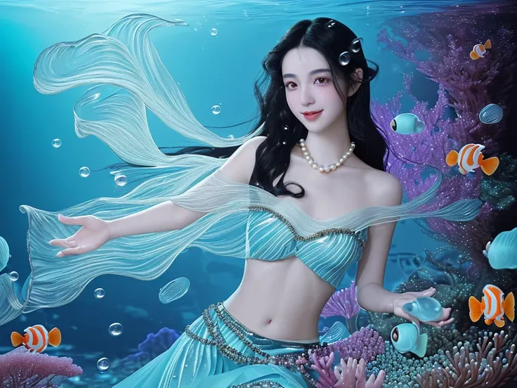  with shiny pearls and gems on the skirt , flowing black hair,  perfect anatomy , white skin,  Light Smile , eyes twinkling, As if telling a touching story, There are some clownfish around， increasing the dynamics and depth of the picture, The tranquility ...