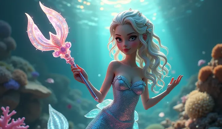 "Create an ultra-sharp, hyper-realistic 3D rendering of a stunning mermaid with a tail made of shimmering crystals that reflect light in all colors. Her hair should be woven with pearls and sea glass, flowing elegantly like underwater currents. The creatur...