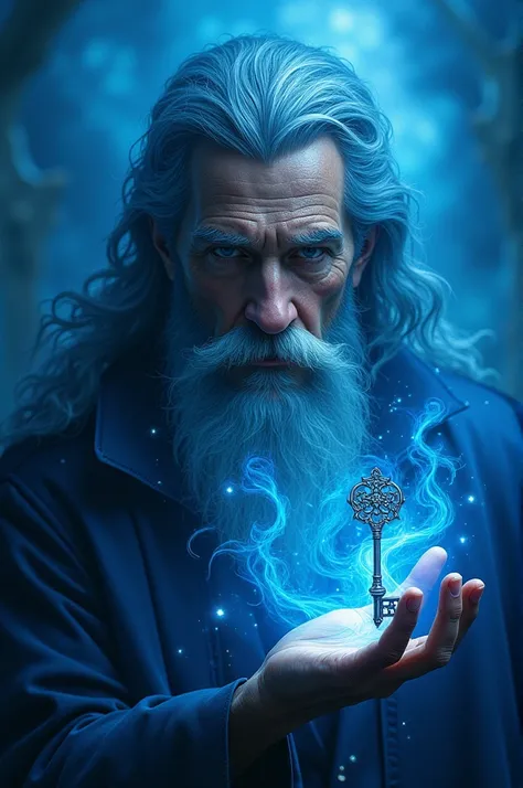 Make a wallpaper where have a wizard face whit a key and with a large background using blue colors