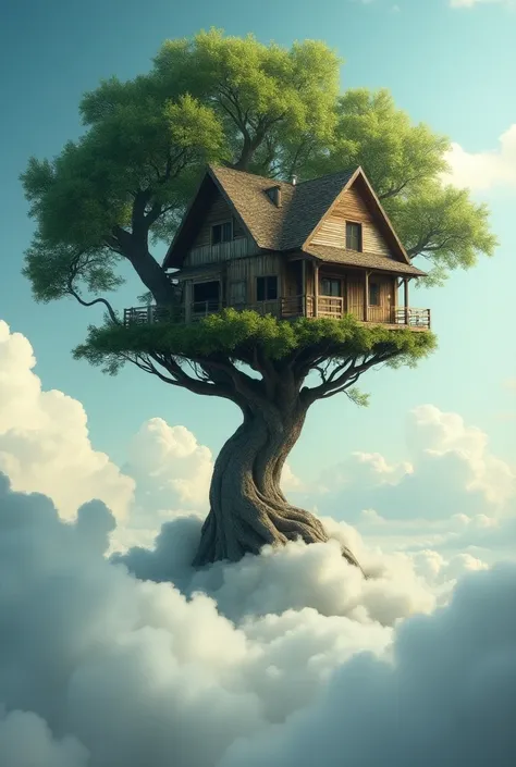 The tree holds the house above the clouds