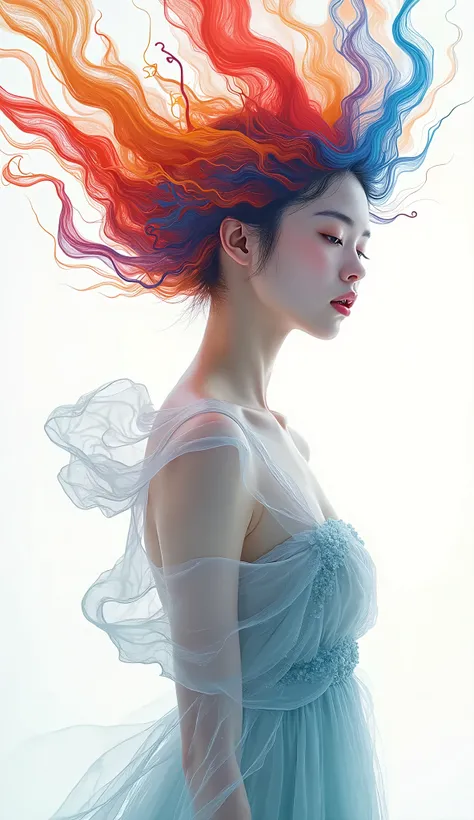  Beautiful Milky Glass Body、A cute and beautiful Japanese woman 、 colorful paint is sweeping from the head like hair、The paint forms the shape of the dress、White background