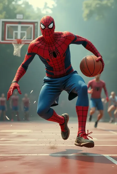 Spider-man playing basketball with testicles and with his pants zipped open